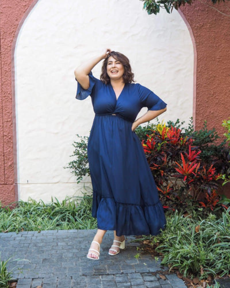 Front of a model wearing a size 22 Nicole Tie Front Maxi Dress in Navy by Dani Marie. | dia_product_style_image_id:258064